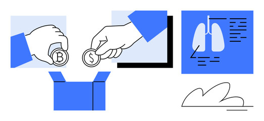 Hands placing coins marked as bitcoin and dollar into a donation box alongside a diagram of human lungs. Ideal for charity, healthcare, funding, donations, digital money, technology, simple flat
