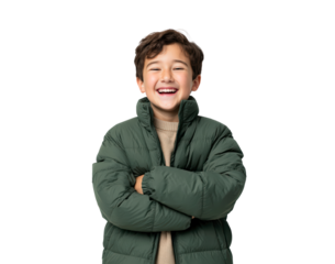 Happy young boy in green jacket smiling with crossed arms on transparent background
