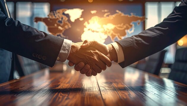Elegant handshake between two international business people over a wooden conference table, world map overlay in header, warm studio light, 4K, cross-border business theme - Powered by Adobe