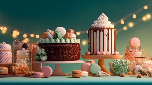 Rich chocolate and cream confectionery display illuminated by soft background lights - Powered by Adobe