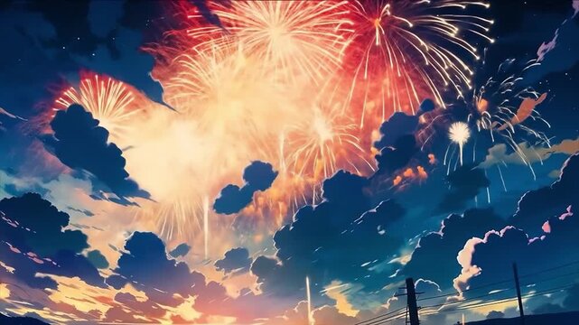 夜空に打ちあがる花火のアニメーション動画