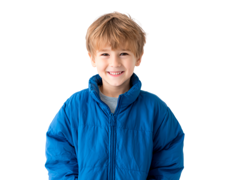 Smiling child in blue jacket isolated on black for design or educational use on transparent background