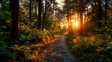 Obraz premium Sunlight streams brilliantly through tall trees lining a rustic dirt path deep within a dense woodland area.