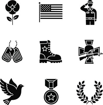 Set of nine monochrome military icons. Includes symbols of remembrance, patriotism, and sacrifice