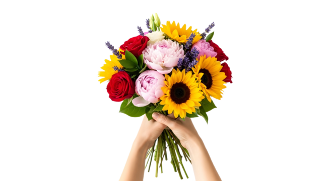Hands Gently Holding Vibrant Flower Bouquet with Sunflowers and Roses Representing Gift Love Celebration or Romantic Gesture for Special Occasions