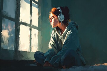 painting of girl wearing sweater and headphones, making tea under sunlight