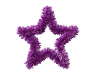 Purple star shaped tinsel for holiday decorations on transparent background