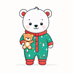 doodle flat vector of baby wearing Christmas pajamas holding a teddy bear