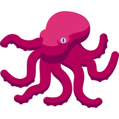 Pixel Art Pink Octopus with Blue Eye and Tentacles Against a Transparent Background in a Flat Design Style