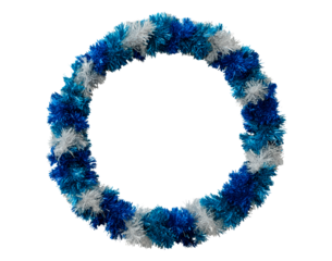 Festive blue and white tinsel wreath for christmas decoration on transparent background