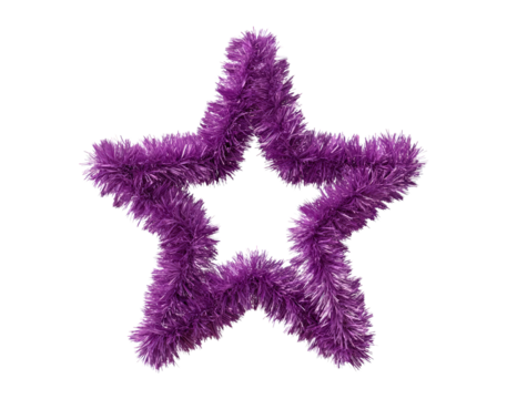 Purple star shaped tinsel for holiday decorations on transparent background
