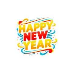 Colorful &ldquo;Happy New Year&rdquo; Celebration Graphic with Festive Swirls and Bold Typography  with transparent background .
