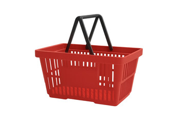 Fototapeta premium Red plastic shopping basket with black handles, representing retail, grocery, and consumerism on a transparent background