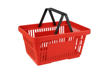 Red shopping basket for market purchases or retail sales representing consumerism and shopping activity