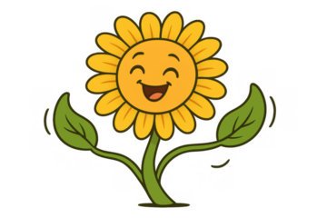 Cute cartoon sunflower character radiating happiness with smiling face and waving leaves, cheerful vector illustration