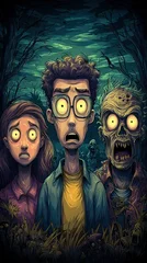 People and zombie standing in forest with glowing eyes © Sean