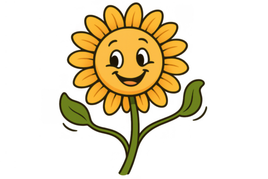 Smiling sunflower cartoon character standing, happy flower drawing, bright yellow plant graphic with transparent background
