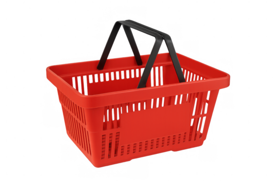 Red shopping basket for market purchases or retail sales representing consumerism and shopping activity