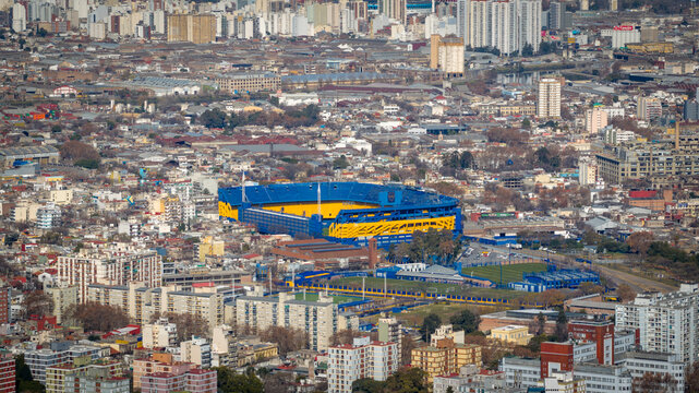 Aerial view of La Bombonera, the iconic Boca Juniors stadium, surrounded by the La Boca neighborhood in Buenos Aires.