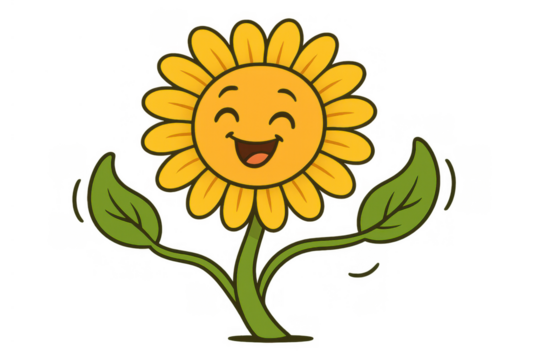 Cute cartoon sunflower character radiating happiness with smiling face and waving leaves, cheerful vector illustration