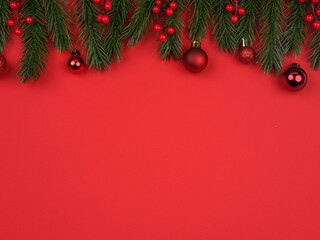 red christmas background balls and fir