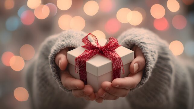 Person wearing warm knitwear offers a small white present adorned with a shiny red ribbon