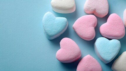 Assortment of pastel colored heart shaped confectionery scattered on a bright blue surface