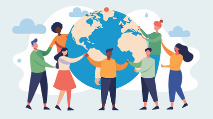 A network of diverse people holding a large globe together representing global teamwork and the interconnectedness of different cultures.