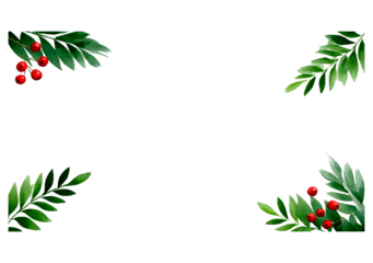Festive green botanical frame with red berries on transparent background