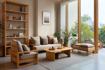 simple interior with white walls, warm oak tones and soft shadows