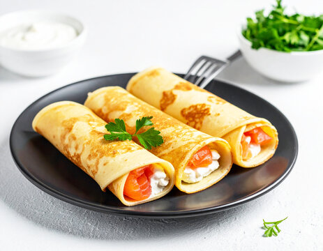 Crepes filled with cream cheese and raw salmon. AI