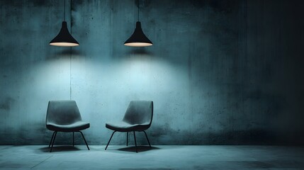 Minimalist interior space features two modern chairs illuminated by hanging lamps against a textured wall