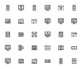 Online meeting icon set. Vector illustration pack. Icludes webinar, podcast, vdeo call, presentation, coference, discussion and moe. Editable stroke.