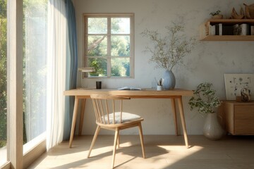 Fototapeta premium Muji-inspired workspace with simple wooden desk, clean lines and calm daylight
