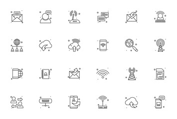 Communication icon set. Minimal vector line icons pak. Includes symbols for smrtphone, wifi, network, clud, message, call, globe ad more. Editable stroke.