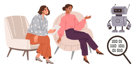 Two women seated in discussion, robot nearby, magnified binary code. Ideal for technology, AI, diversity, innovation, education teamwork communication. A simple flat metaphor