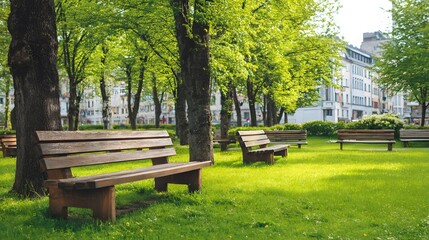 Multiple wooden benches rest on sunlit green grass within an urban park setting