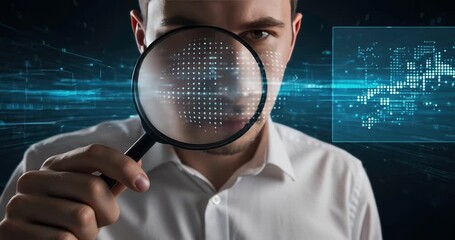 Man with magnifying glass examining digital data. - Powered by Adobe