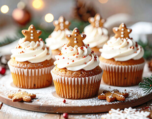 Christmas cupcakes with gingerbread cookies on top. AI