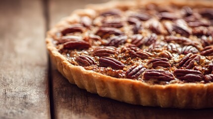 Sweet baked dessert featuring whole nuts baked into a pastry shell rests on rustic wooden surface