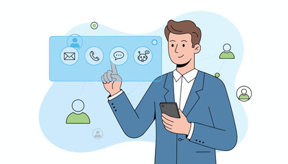 Smiling businessman in a blue suit interacting with a futuristic holographic interface displaying communication icons like email, phone, chat, and a chatbot, representing customer support and