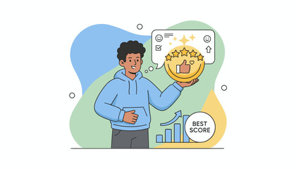 A young man proudly holds a golden coin with a thumbs-up symbol and five stars, representing a top customer experience rating and best score, with a positive feedback bubble and a rising bar graph in