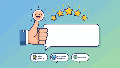Customer satisfaction concept with a hand giving a thumb up, five stars, and speech bubbles for feedback, best review, and customer experience, symbolizing positive evaluation and excellent service
