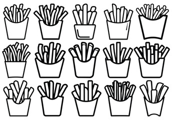 Fototapeta premium Various outlined french fries in paper containers create a pattern on transparent background