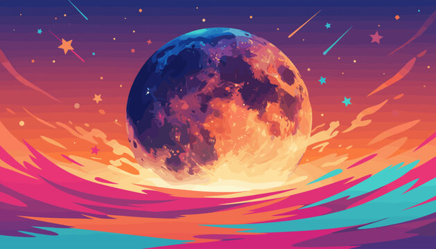 Vibrant and surreal full moon glowing with fiery orange and deep blue hues, set against a cosmic backdrop of a gradient sky filled with shooting stars, twinkling stars, and abstract, flowing colorful