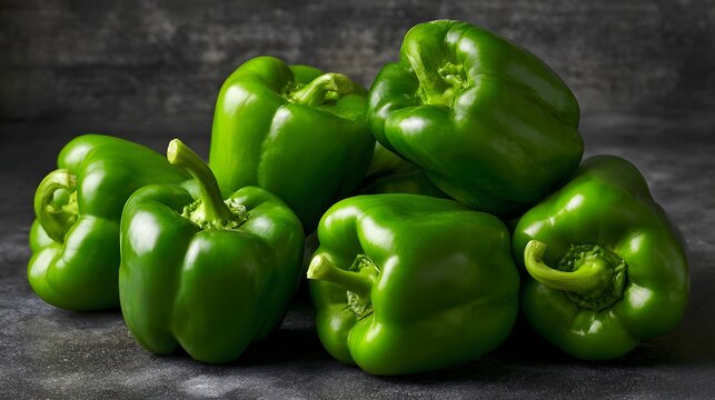 Several vivid green bell peppers are arranged on a dark, textured surface