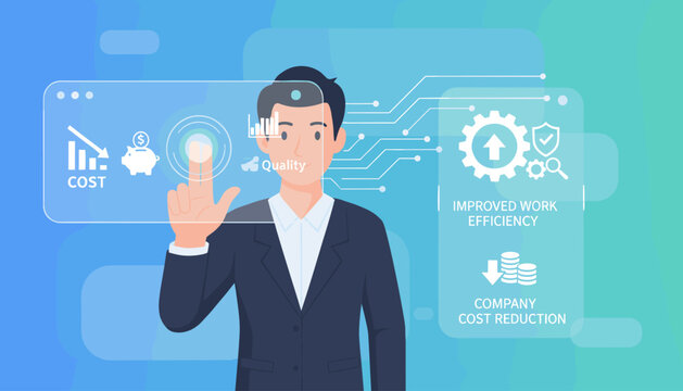 Business concept of cost and quality control, a person interacting with a futuristic interface displaying financial charts, piggy bank, and gears symbolizing improved work efficiency and company cost