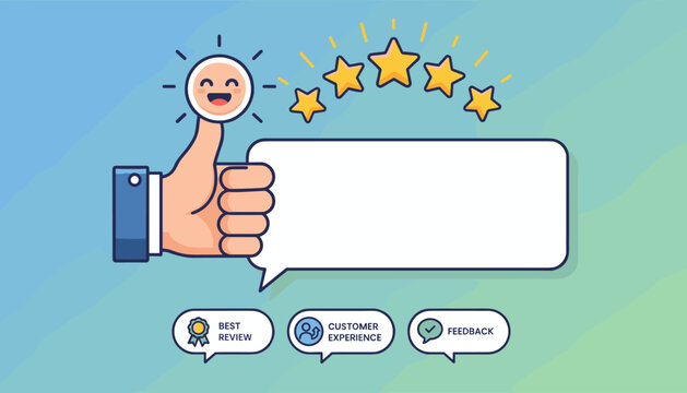 Customer satisfaction concept with a hand giving a thumb up, five stars, and speech bubbles for feedback, best review, and customer experience, symbolizing positive evaluation and excellent service