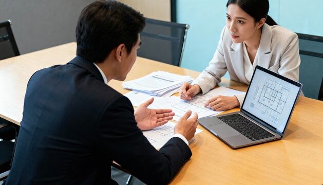 Two Asian business colleagues, an architect and a client, discussing a real estate project. Teamwork and collaboration in a modern office meeting, reviewing architectural blueprints.