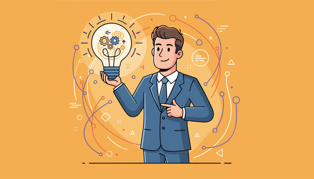Innovative businessman in a blue suit holding a glowing lightbulb filled with gears and a brain, symbolizing a brilliant idea, creativity, and business strategy, set against a vibrant orange